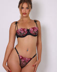Giovanna Satin & Pink Floral Embroidered Set - Black and Pink