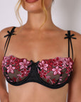 Giovanna Satin & Pink Floral Embroidered Set - Black and Pink