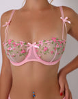 Amaya Ribbon & Floral Embroidered Mesh Set - Pink