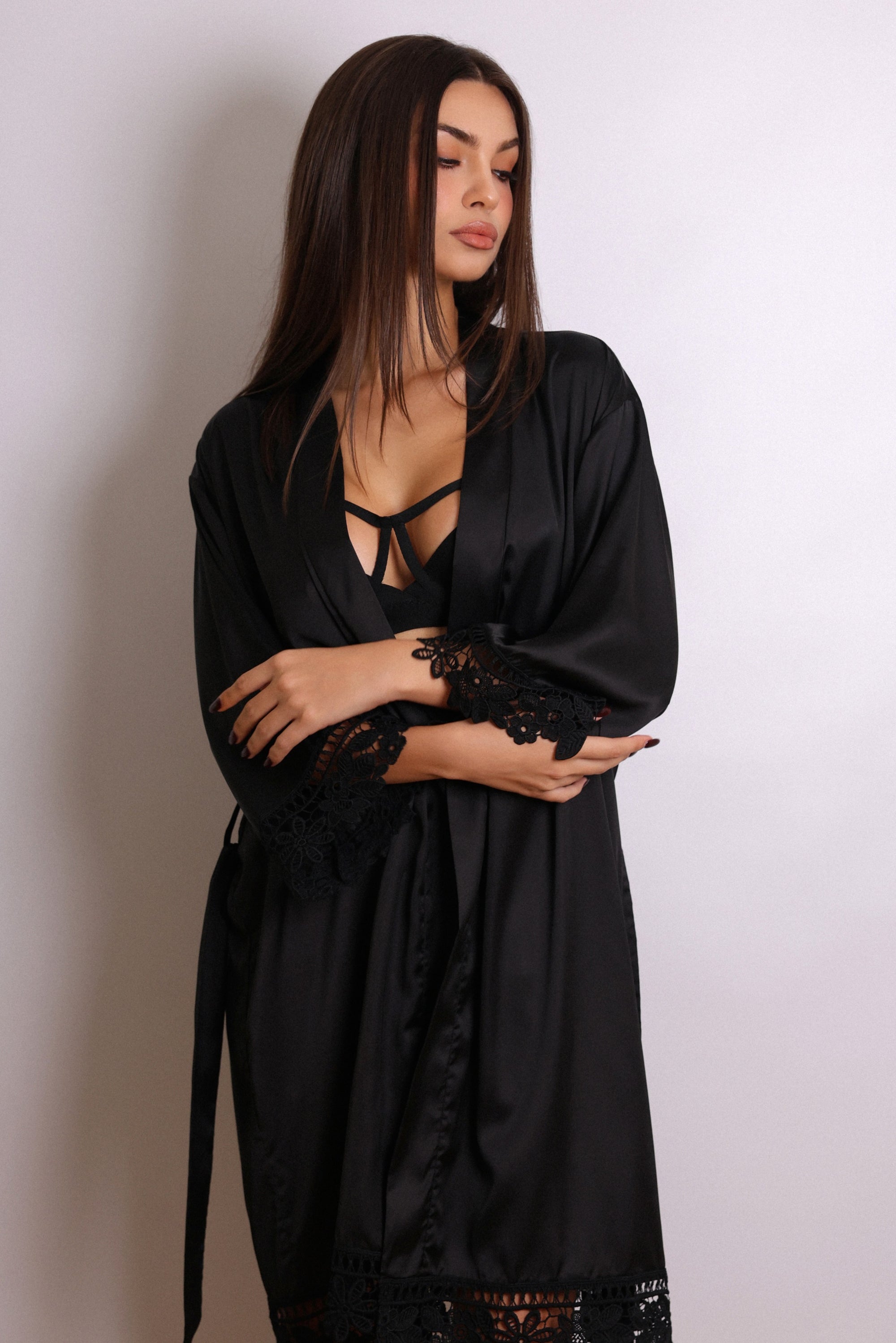 Anahi Signature Silky Robe Lingerie Set - Black-Fascinating_Nights
