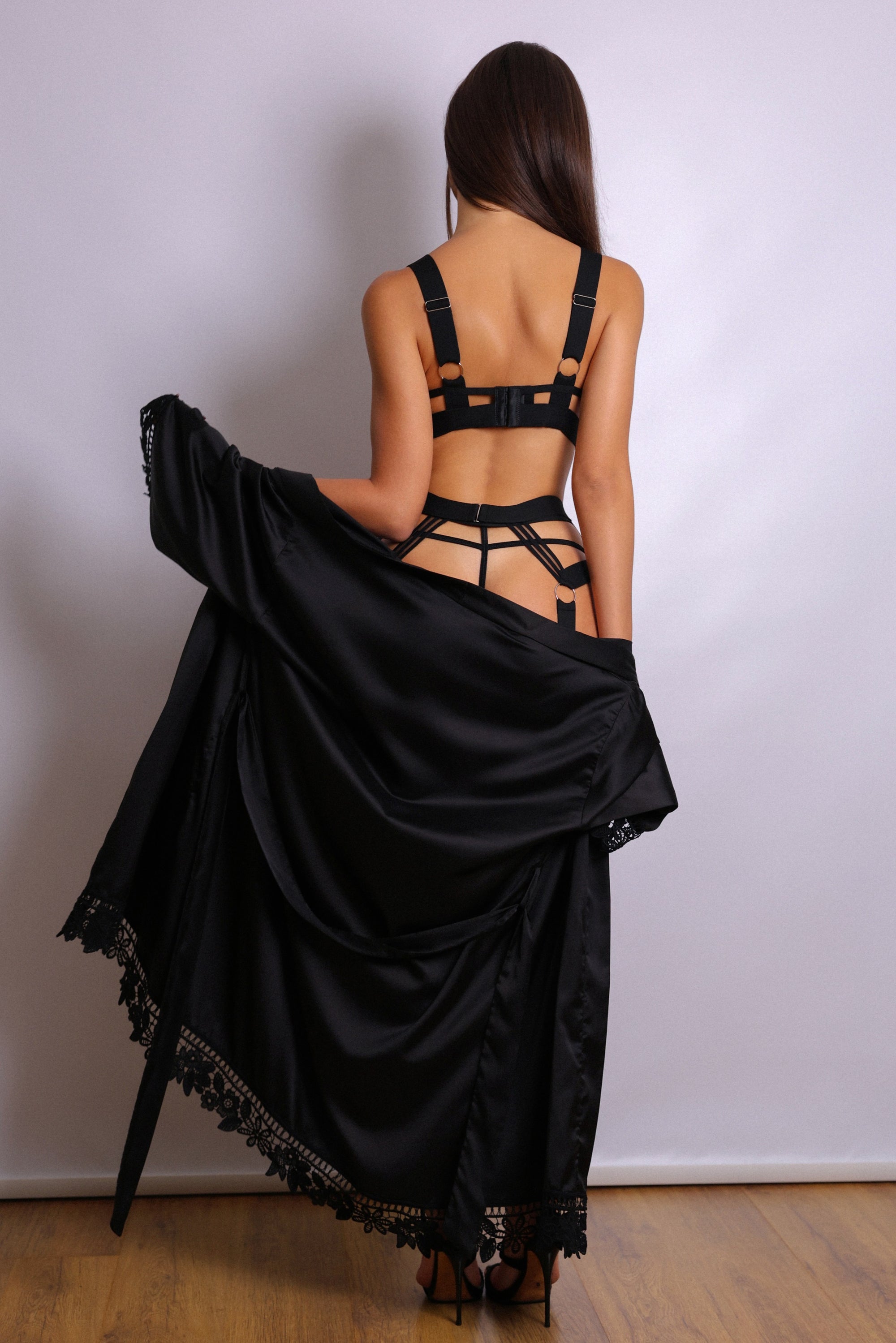 Anahi Signature Silky Robe Lingerie Set - Black-Fascinating_Nights