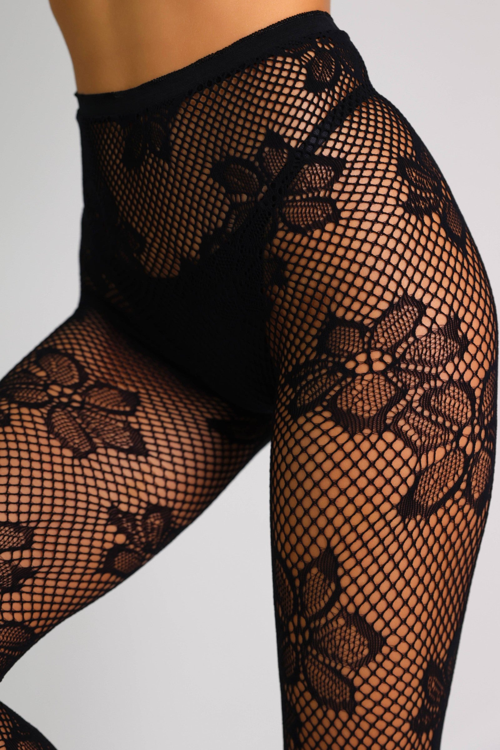 Aspen Botanical Floral Fishnet Tights - Black-Fascinating_Nights