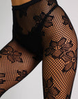 Aspen Botanical Floral Fishnet Tights - Black-Fascinating_Nights