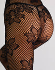 Aspen Botanical Floral Fishnet Tights - Black-Fascinating_Nights