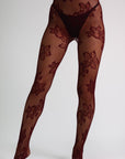 Aspen Botanical Floral Fishnet Tights - Burgundy-Fascinating_Nights