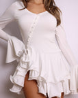 Bella Button-Front Ruffle Mini Dress – White-Fascinating_Nights