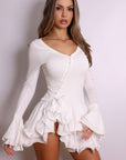 Bella Button-Front Ruffle Mini Dress – White-Fascinating_Nights
