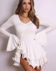 Bella Button-Front Ruffle Mini Dress – White-Fascinating_Nights