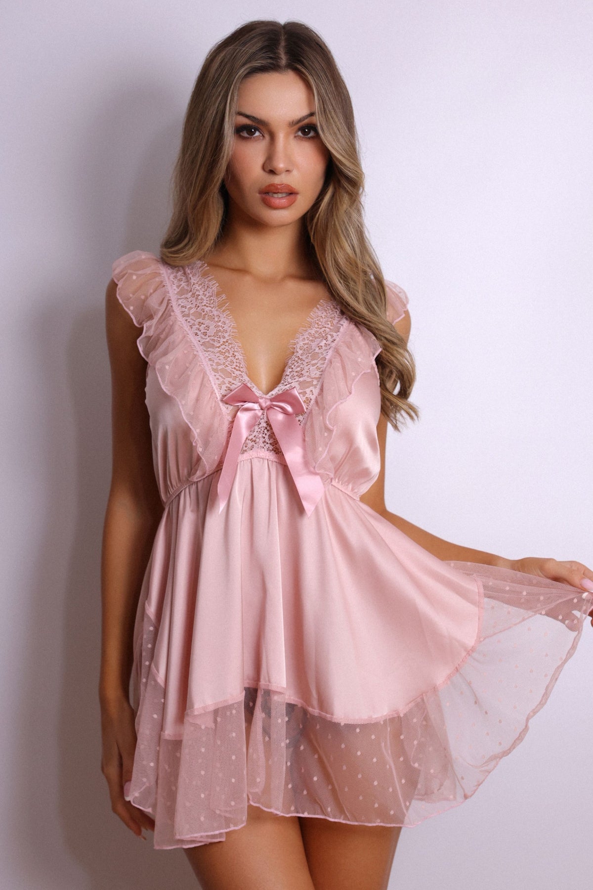Cora Swiss Dot Babydoll Chemise – Pink-Fascinating_Nights