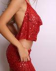 Dakota Sequin Plunge Halter & Mini Skirt Set – Red-Fascinating_Nights