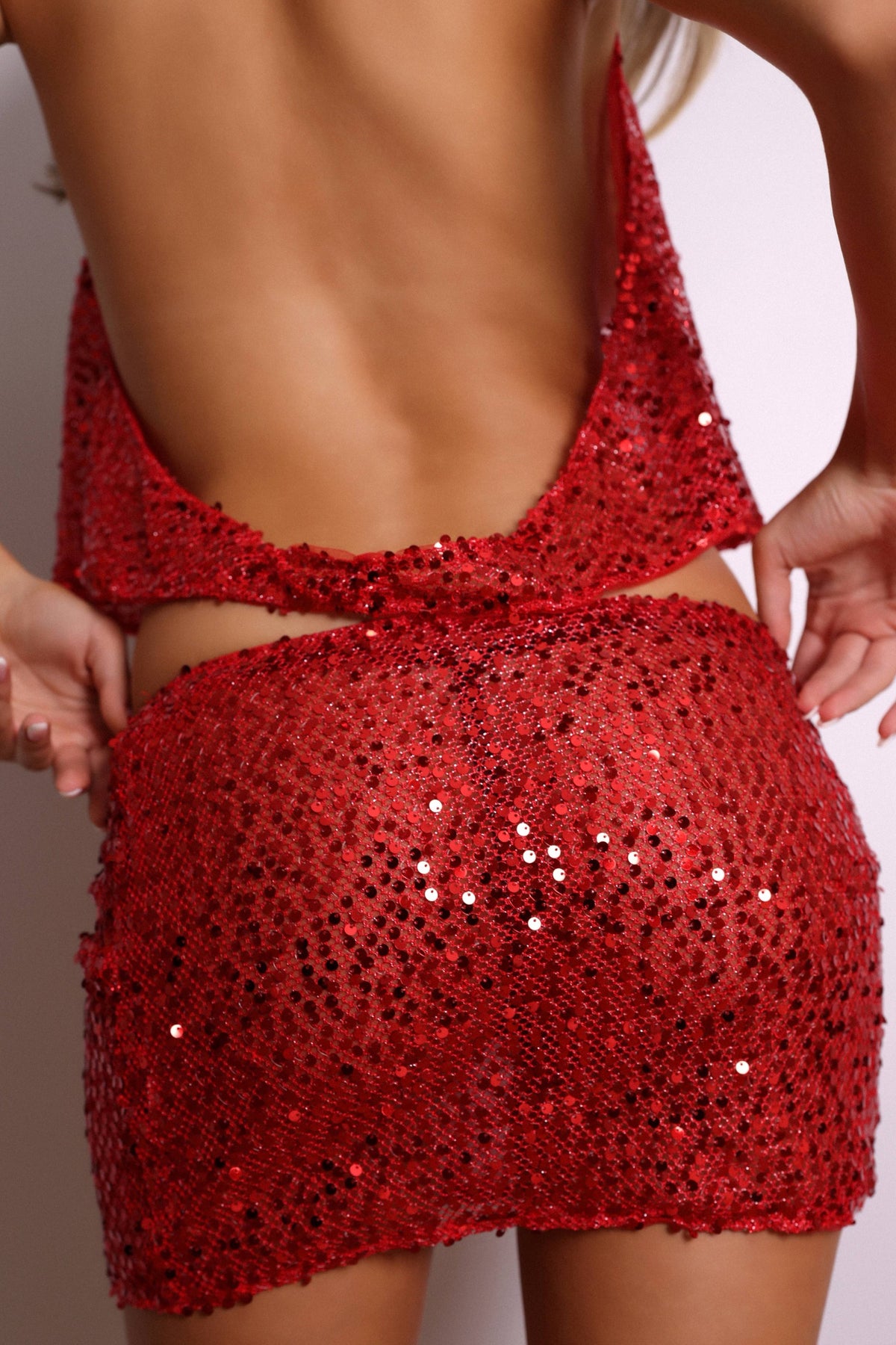 Dakota Sequin Plunge Halter & Mini Skirt Set – Red-Fascinating_Nights