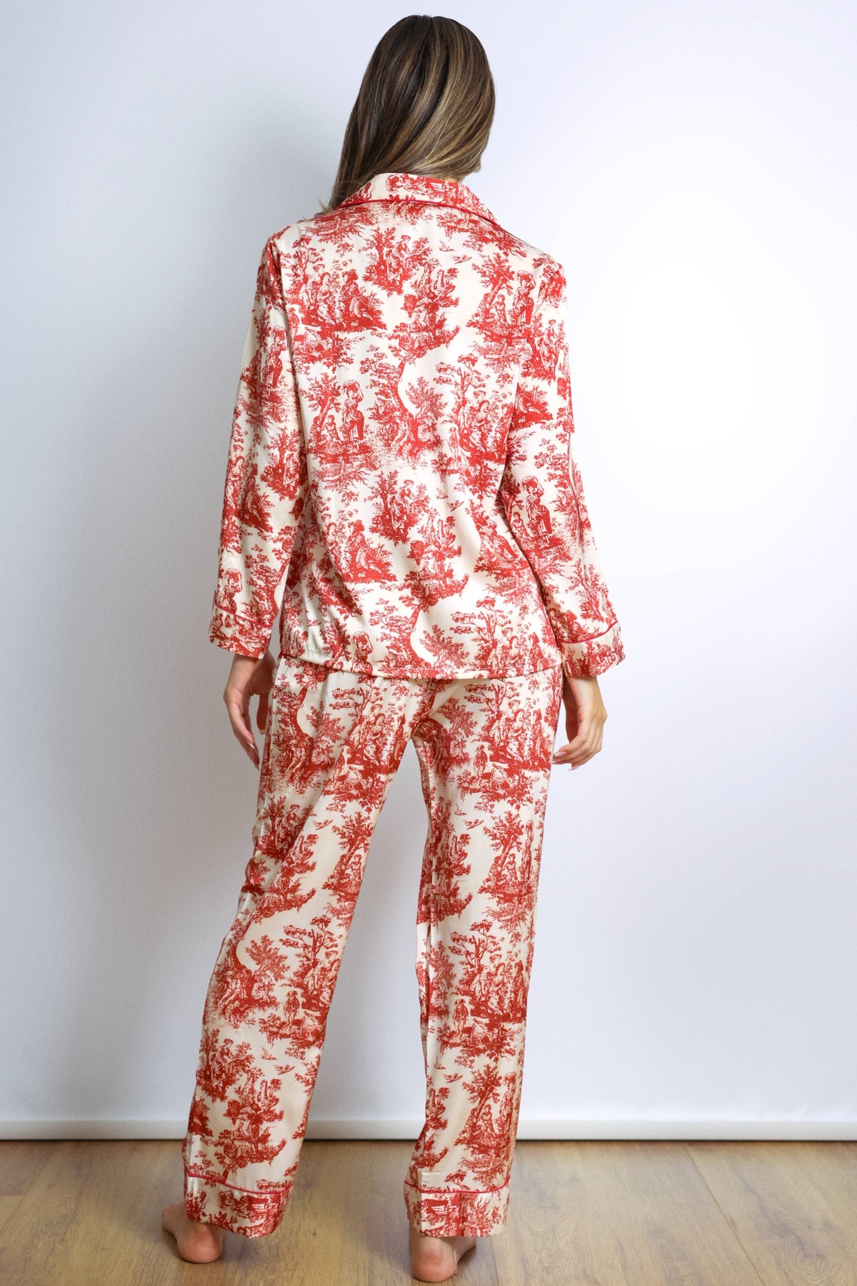 Eleanor Toile Print Long Pajama Set – Red-Fascinating_Nights