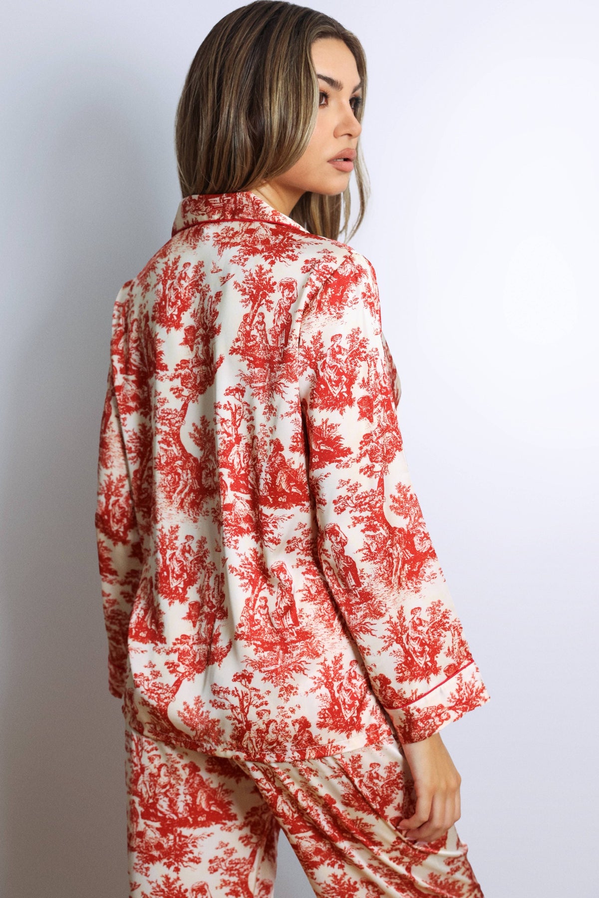 Eleanor Toile Print Long Pajama Set – Red-Fascinating_Nights