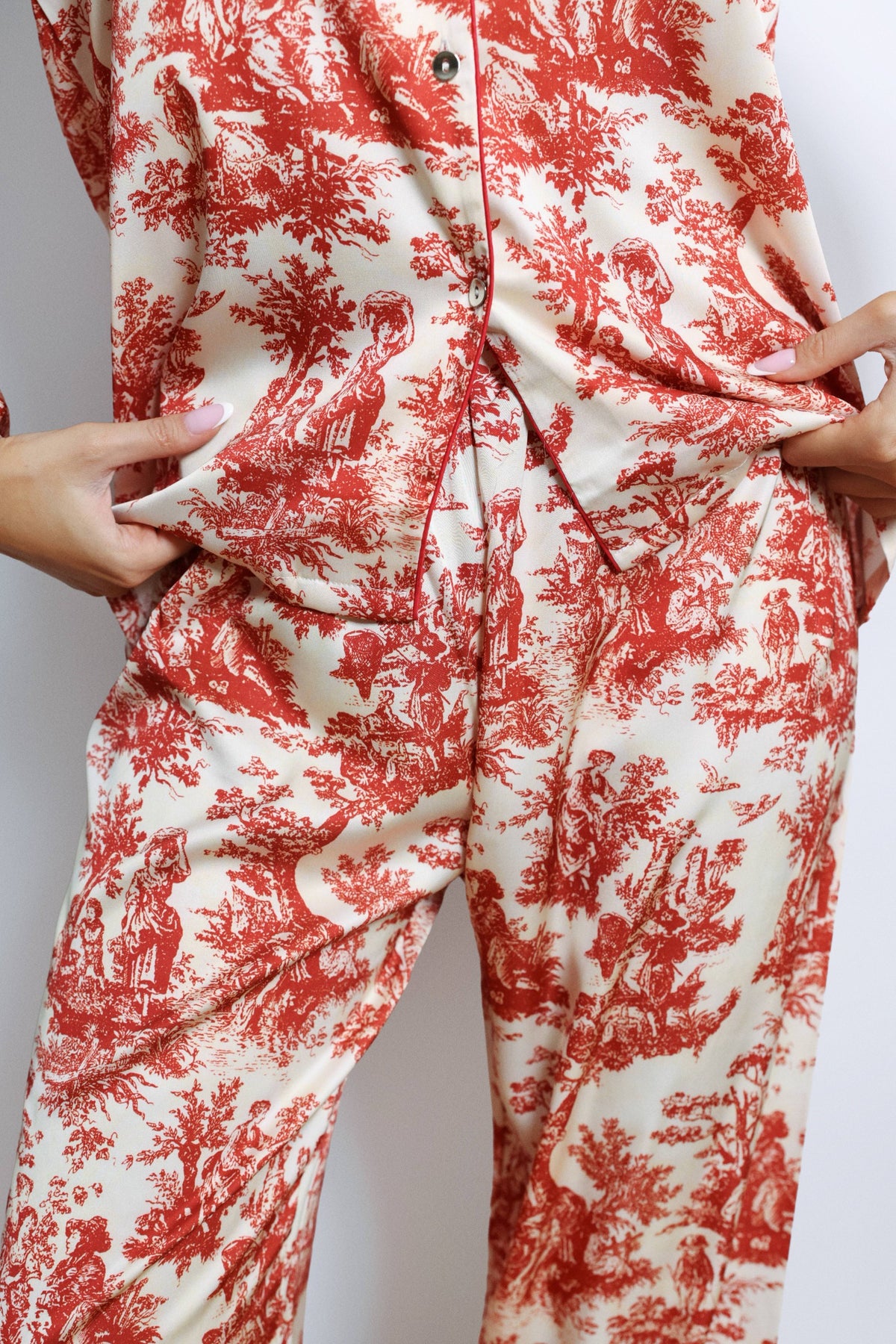 Eleanor Toile Print Long Pajama Set – Red-Fascinating_Nights