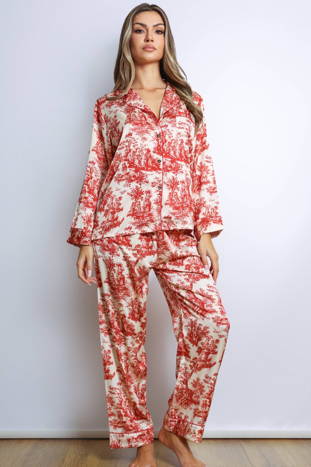 Eleanor Toile Print Long Pajama Set – Red-Fascinating_Nights