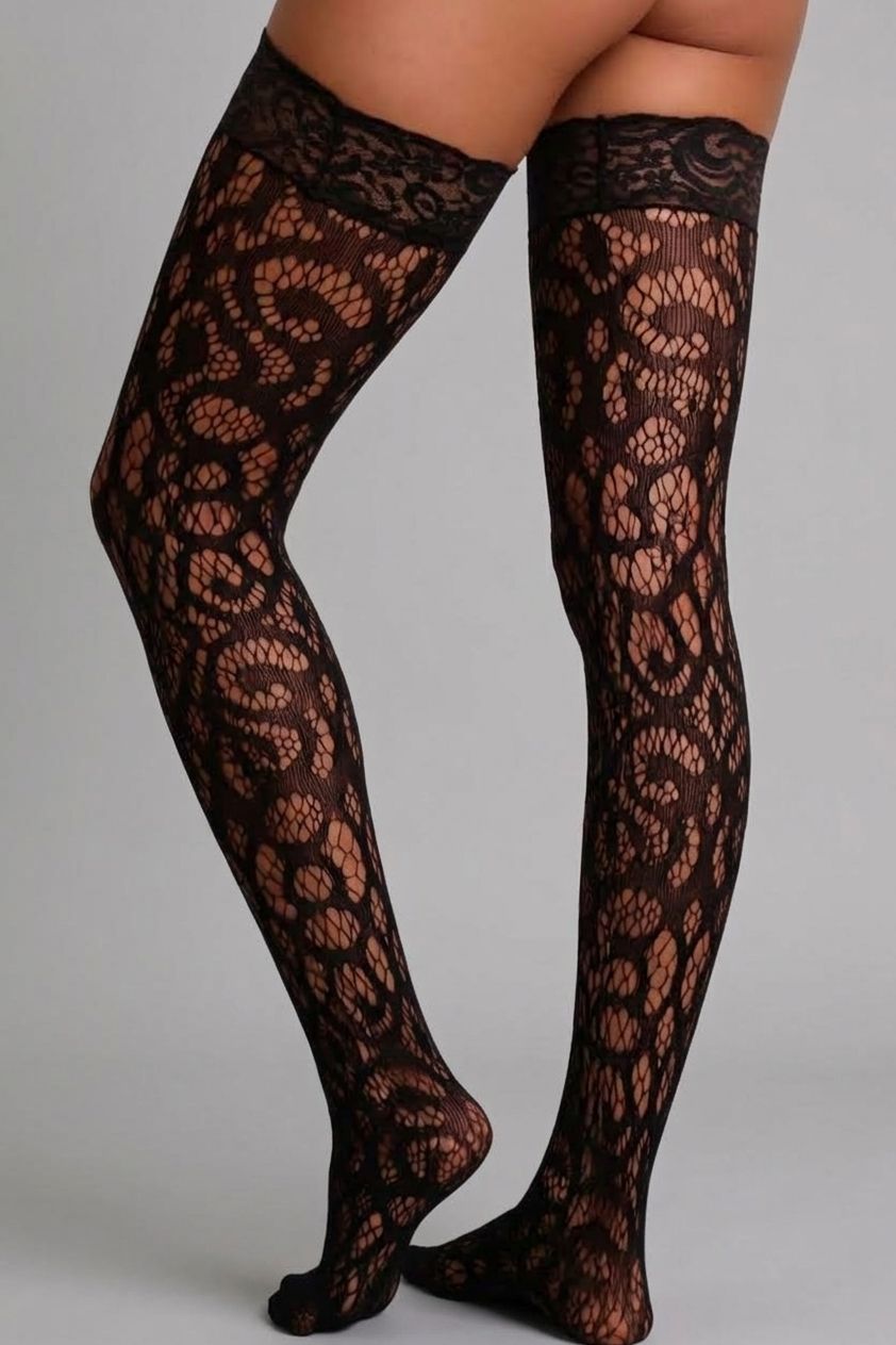 Dalia Vintage Patterned Lace Thigh-Highs – Black