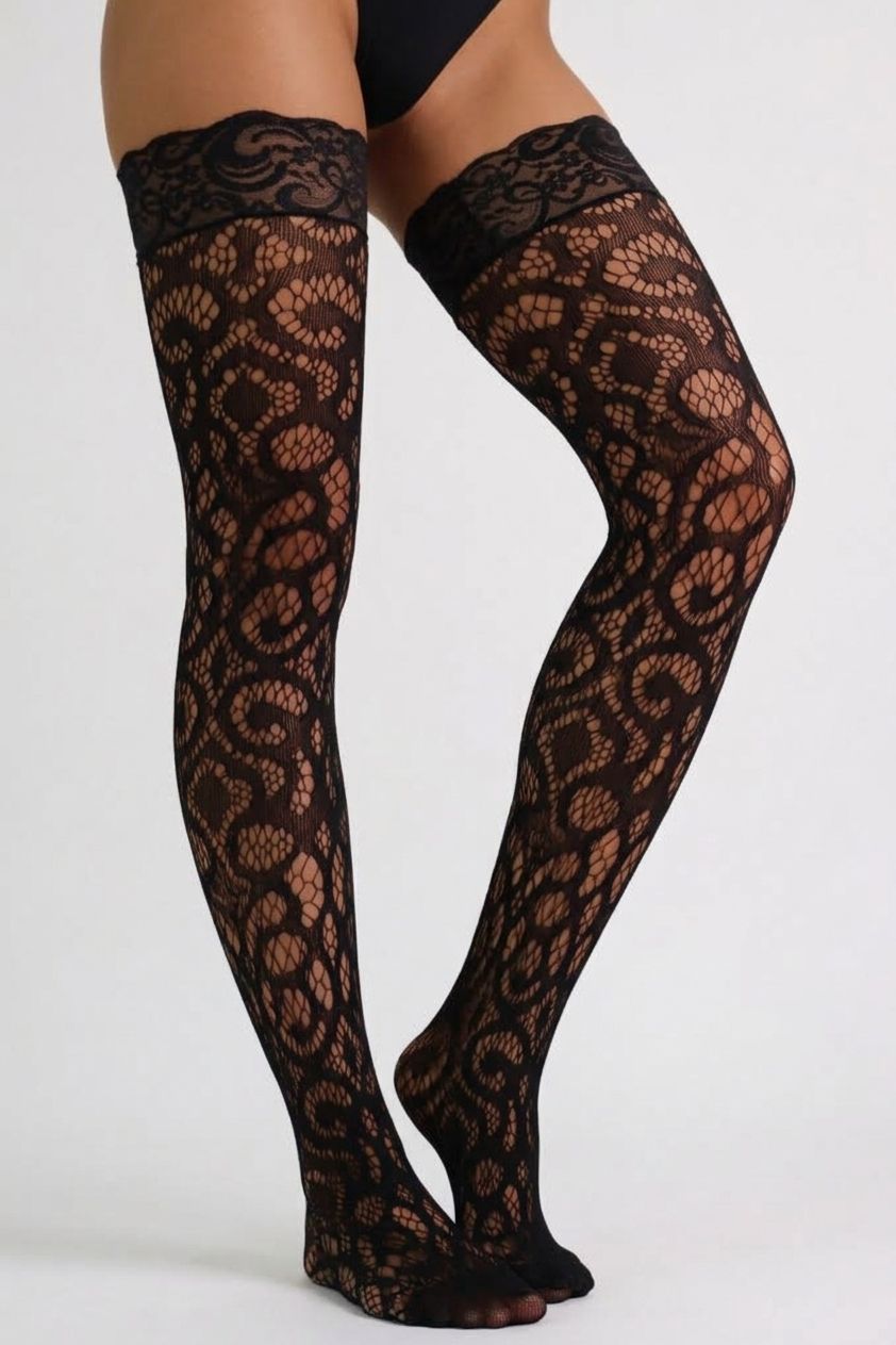 Dalia Vintage Patterned Lace Thigh-Highs – Black