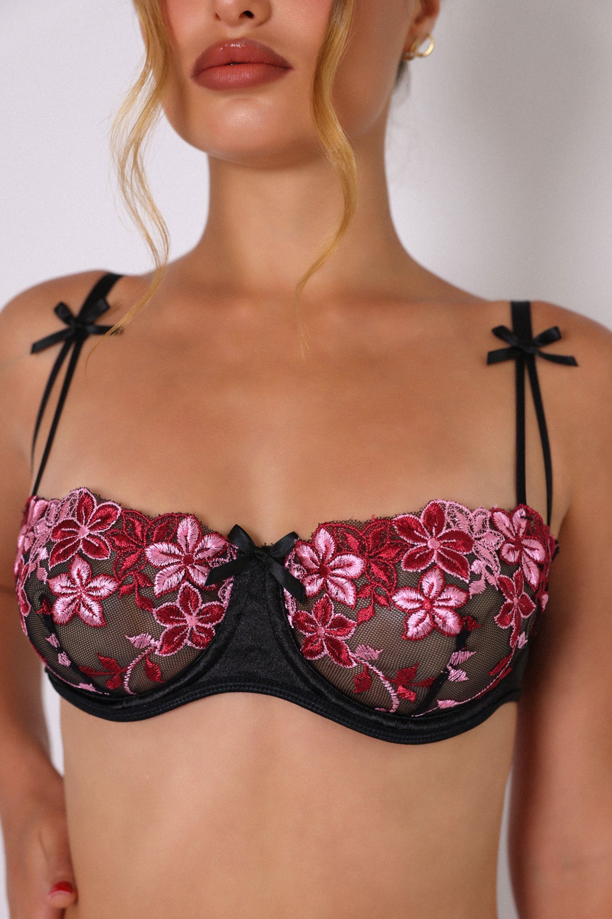 Giovanna Satin & Pink Floral Embroidered Set - Black-Fascinating_Nights