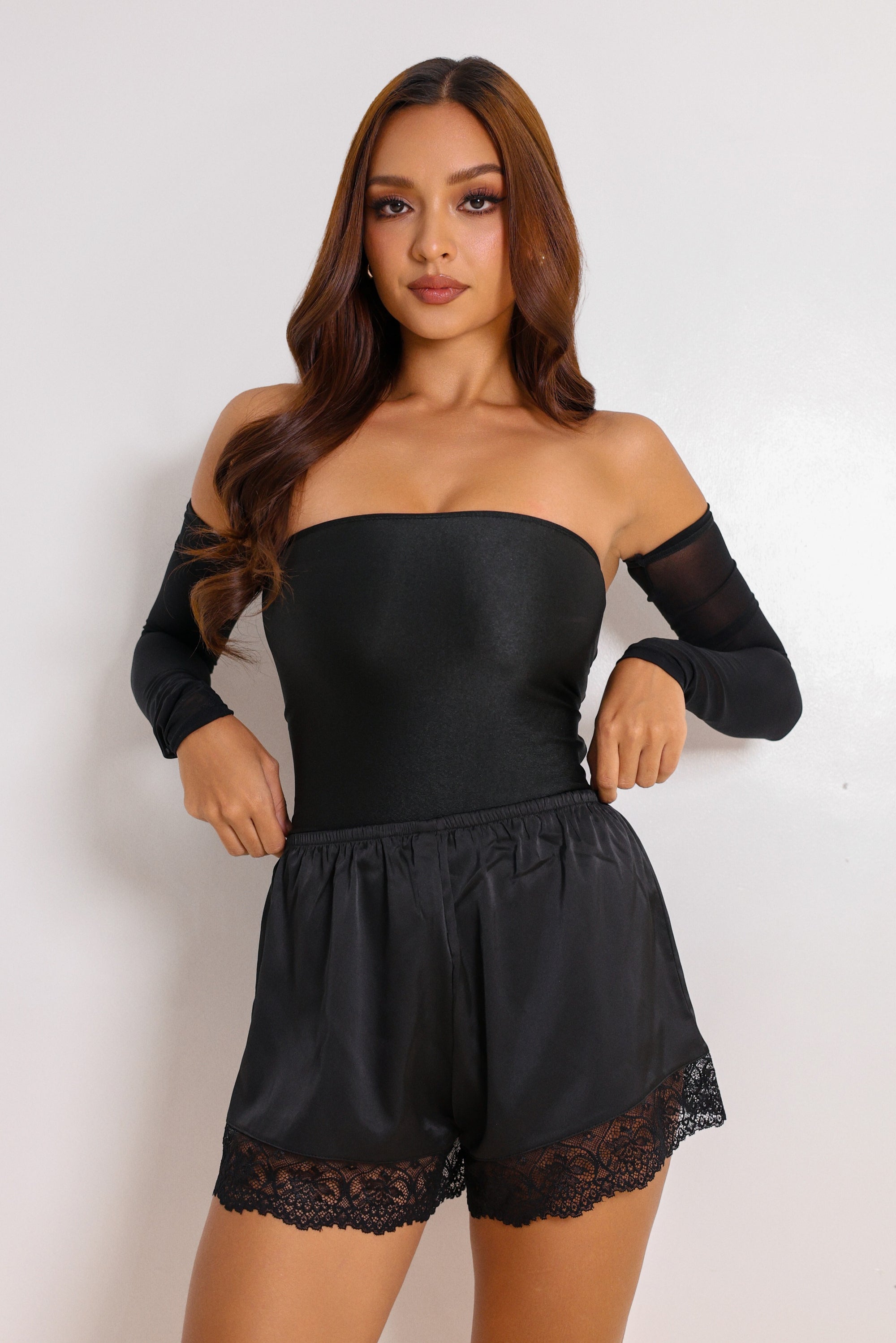 Hallie Shorts Silken Set - Black-Fascinating_Nights