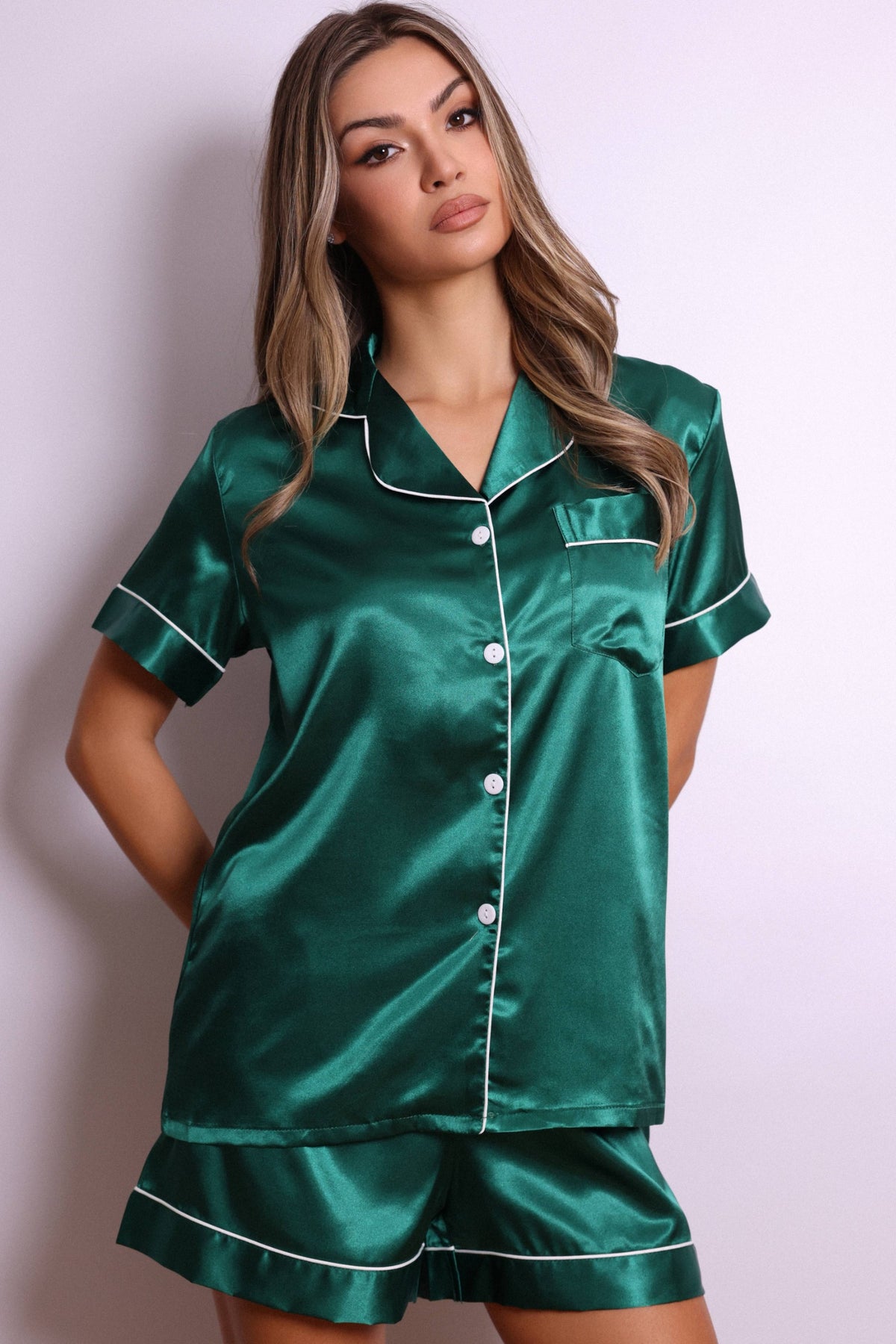 Harper Satin Short Pajama Set – Emerald Green-Fascinating_Nights
