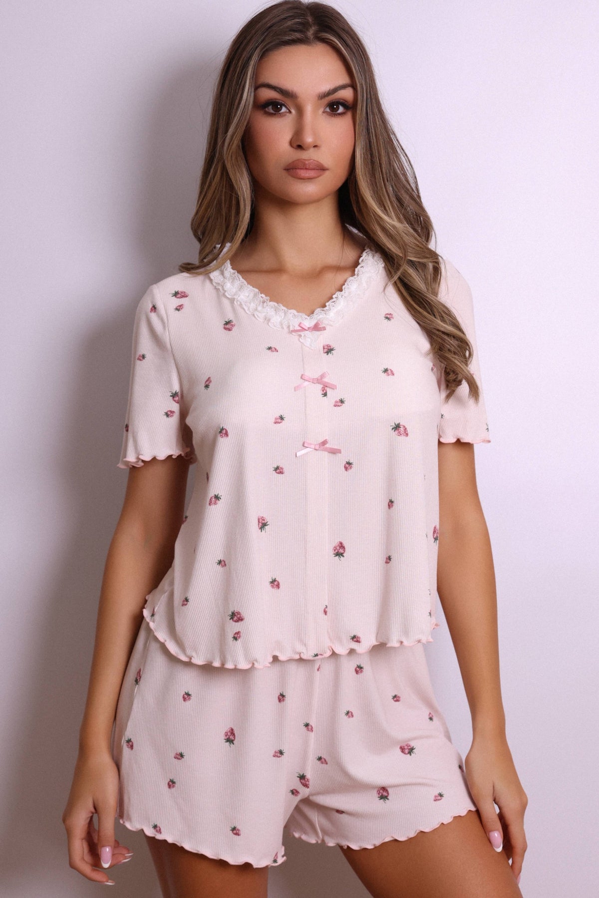 Ivy Strawberry Lace & Bow Pajama Set – Pink-Fascinating_Nights