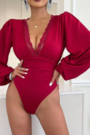 Love & Desire Laced V Neck Bodysuit - Wine Red-Fascinating Nights