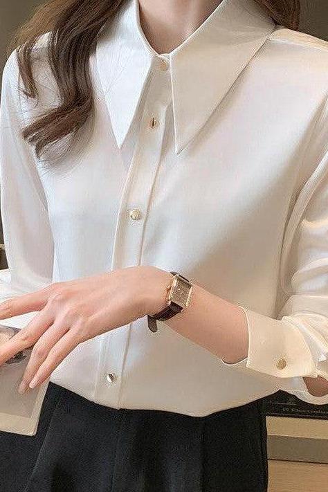 Marcella Pointed Collar Blouse - White-Fascinating_Nights