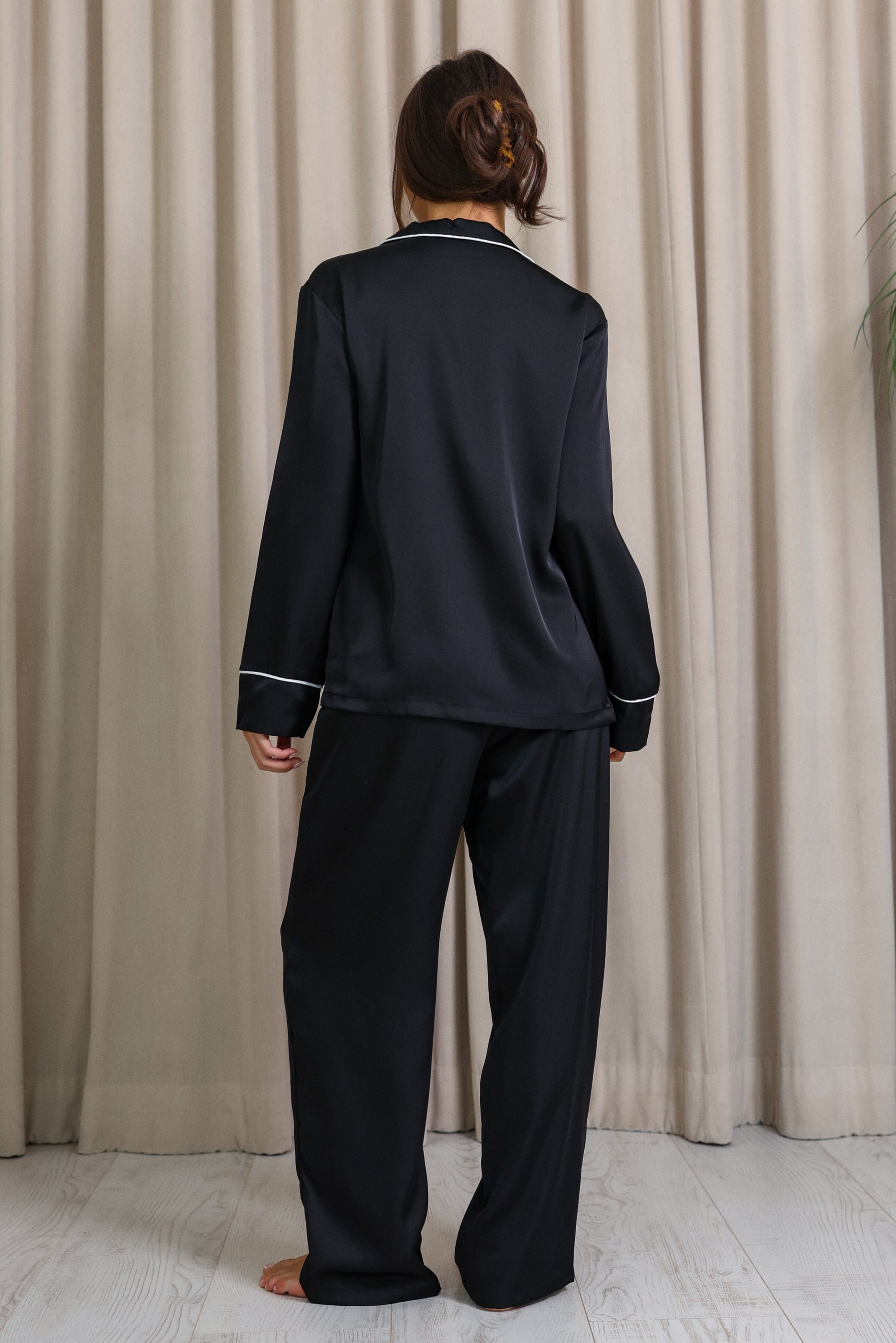 Nyla Satin Long Pajama Set - Black-Fascinating_Nights