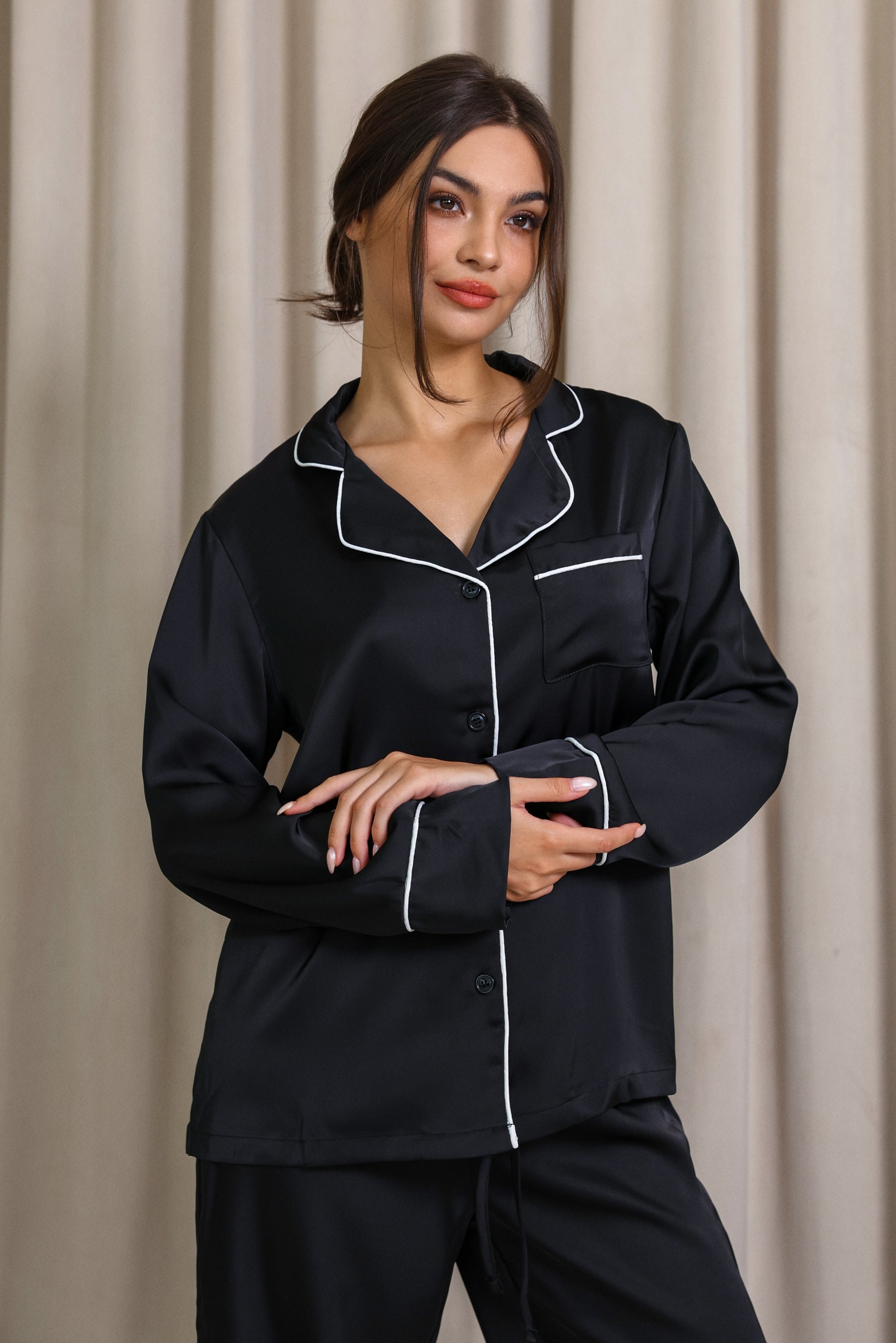 Nyla Satin Long Pajama Set - Black-Fascinating_Nights