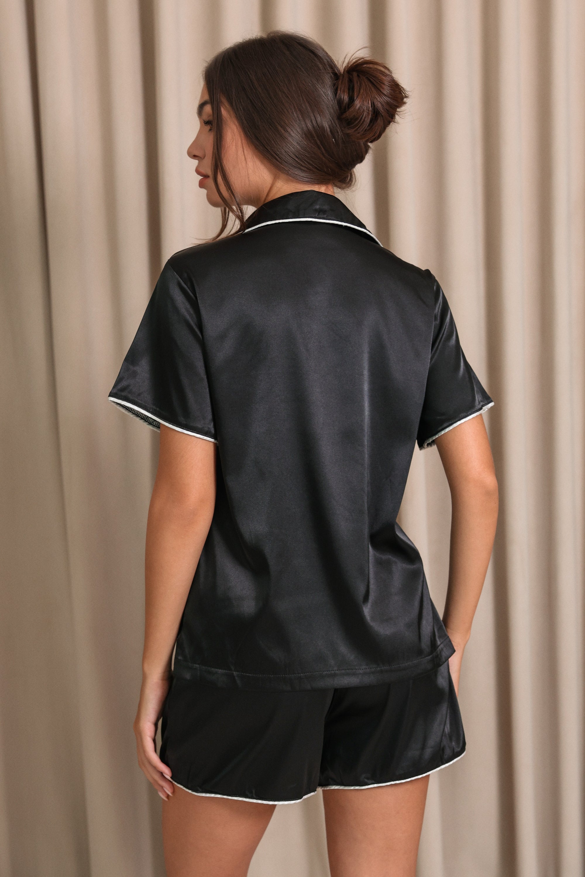 Nyla Satin Short Pajama Set - Black-Fascinating_Nights
