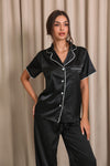 Nyla Short Satin Pajama Set with Pants - Black