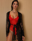 Red Lacy Bliss Lace Robe Set - Black-Fascinating_Nights