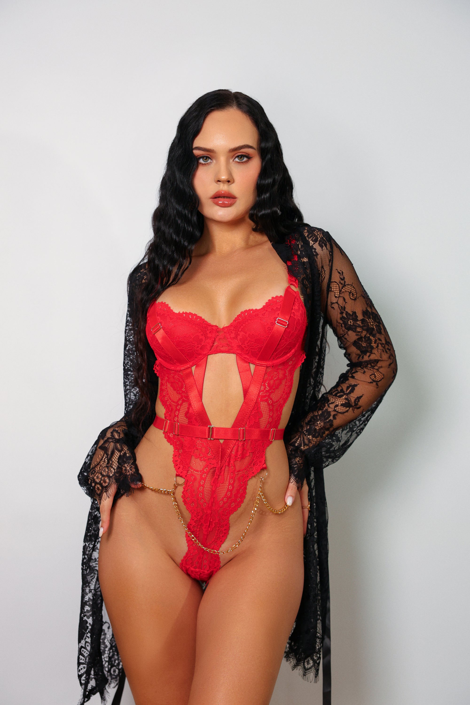 Regina Red Signature Lace Robe Set - Black-Fascinating_Nights