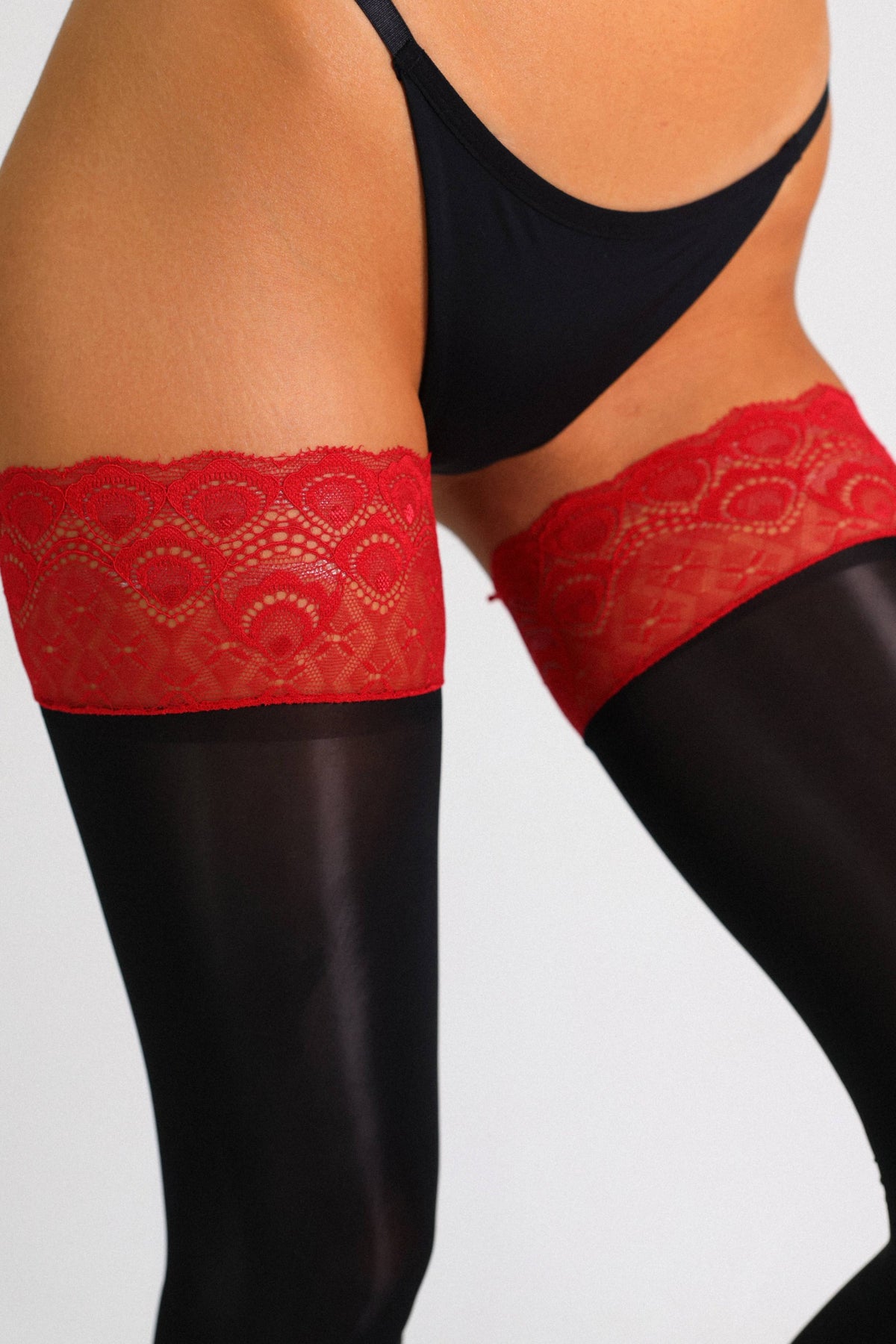 Roxanne Glossy Contrast Lace Thigh-Highs – Black and Red-Fascinating_Nights