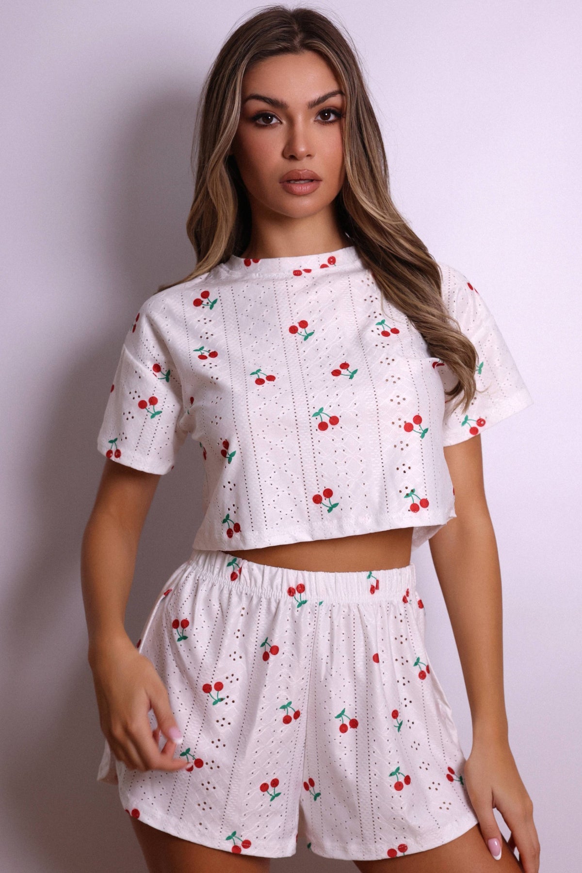 Ruby Cherry Dot Cropped Lounge Set – White-Fascinating_Nights