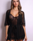 Aiah Lace Slip & Robe Set – Black