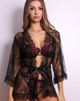Aliyah Floral Lace Kimono Robe – Black