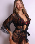 Aliyah Floral Lace Kimono Robe – Black