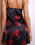 Amora Heart Satin Slip Dress - Black and Red