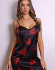 Amora Heart Satin Slip Dress - Black and Red