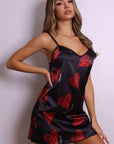 Amora Heart Satin Slip Dress - Black and Red