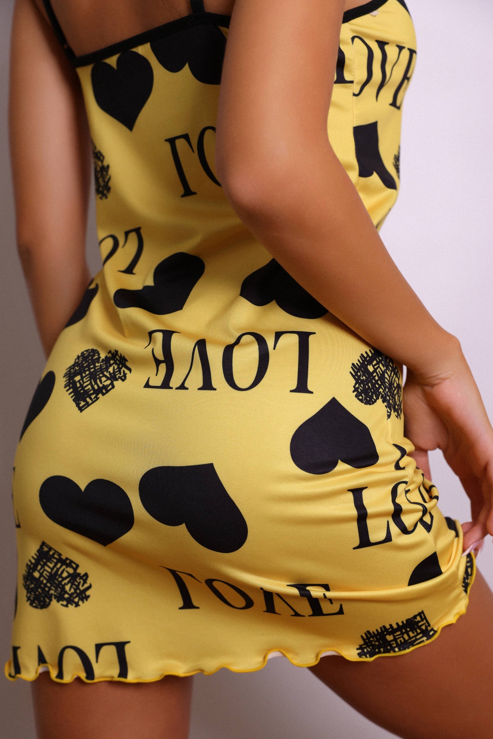 Beatrix Love Heart Satin Slip Dress - Yellow and Black