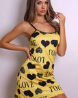 Beatrix Love Heart Satin Slip Dress - Yellow and Black