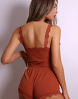 Ellie Ribbed Lace-Trim Lounge Set – Brown