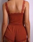 Ellie Ribbed Lace-Trim Lounge Set – Brown