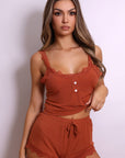Ellie Ribbed Lace-Trim Lounge Set – Brown