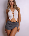 Gabrielle Stripe & Collar Halter Lingerie Costume Set - Black
