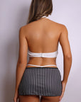 Gabrielle Stripe & Collar Halter Lingerie Costume Set - Black