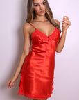 Giselle Satin Lace Slip Dress - Red