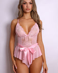 Harley Ruffled Satin-Bow Sheer Teddy - Pink